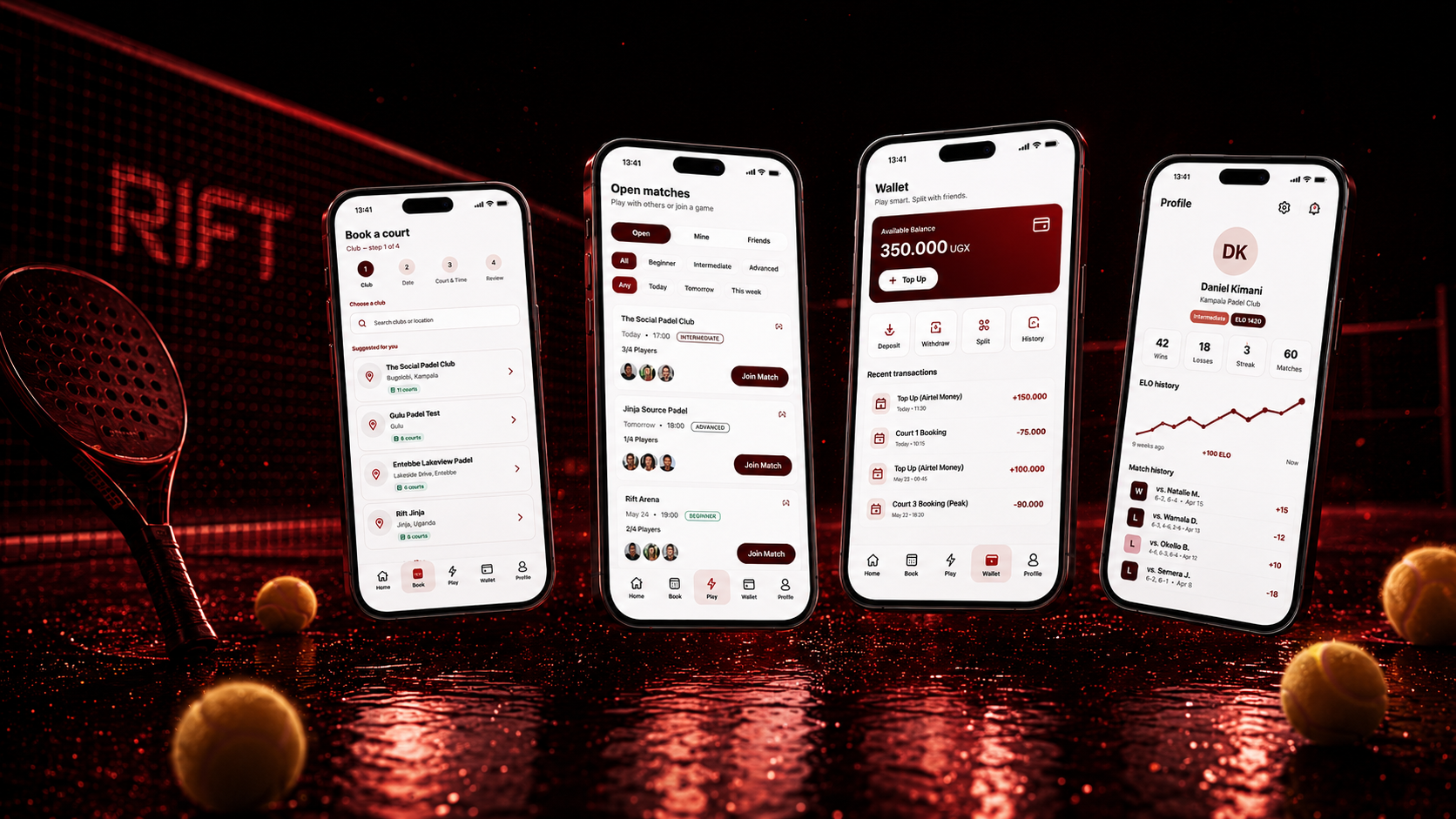 Rift Manager app — four phone screens showing court booking, open matches, wallet, and player profile