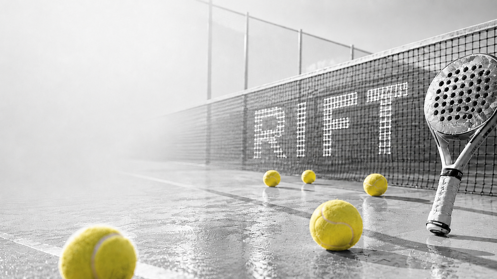 Bright black-and-white padel court with the RIFT net wordmark, a chrome padel racket, and yellow padel balls