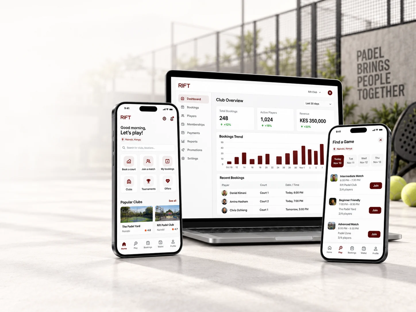 Illustrative Rift app and club dashboard concept